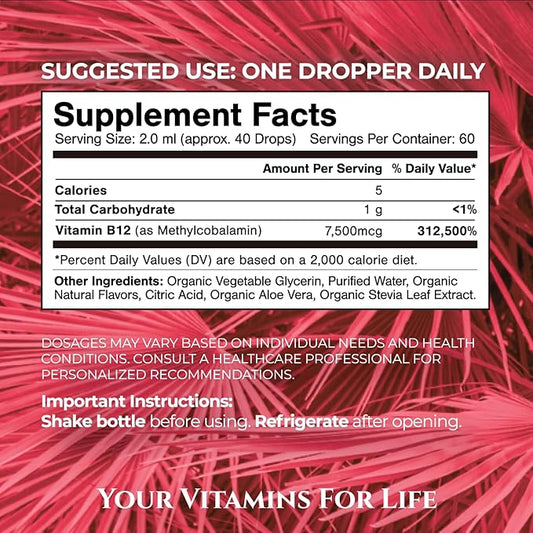 USDA Organic Ultra Max B12 | Superdose 7500mcg Vitamin B12 Liquid Drops | B12 as Methylcobalamin| Max 98% Absorption Rate | Promotes Energy| Vegan, Non-GMO, Strawberry flavor -4oz