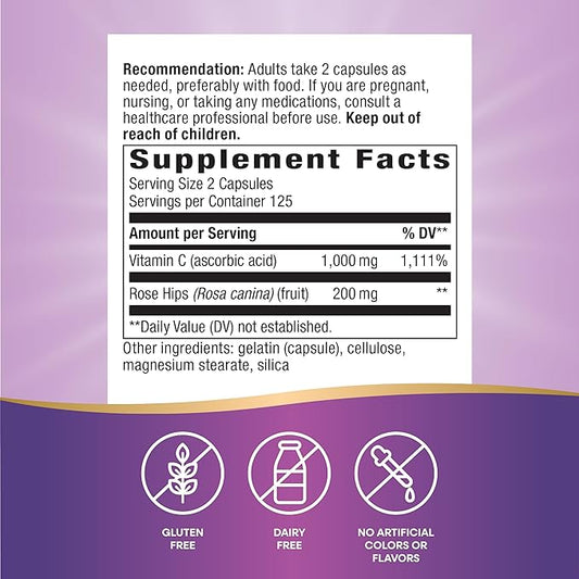 Nature's Way Vitamin C with Rose Hips, Powerful Antioxidant & Immune Function Support from Vitamin C*, Promotes Collagen for Healthy Skin*, 1,000 mg Vitamin C per 2-Capsule Serving, 250 Capsules