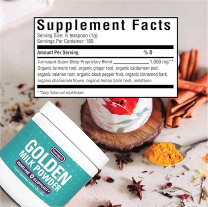 Turmaquik Organic Golden Milk Turmeric Powder, Immune Support + Superfood Blend of Ginger, Black Pepper, Curcumin, Cinnamon, Cardamom + Vitamins C, D, B6, B12, Zinc - Immunity Boost