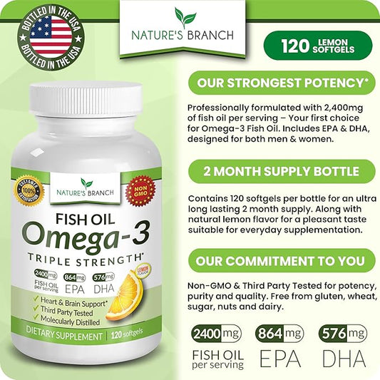 Best Triple Strength Omega 3 Fish 2400mg | 120 Capsules 864mg EPA 576mg DHA