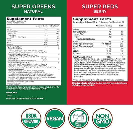 COUNTRY FARMS Essential Pack, Super Greens Powder and Super Reds, Packed with 50 Organic Super Foods and 40 Super Fruits, Natural Energy, Bloating Support, Unflavored & Berry Flavor, 17.7 oz, 2 Pack
