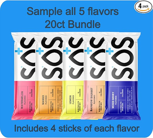 SOS Hydration, Electrolyte Powder Packets – Low-Calorie, Zero Sugar, Rapid Rehydration, Made in USA, Keto & Vegan Friendly 5-Flavor Variety Pack, 20 Sticks