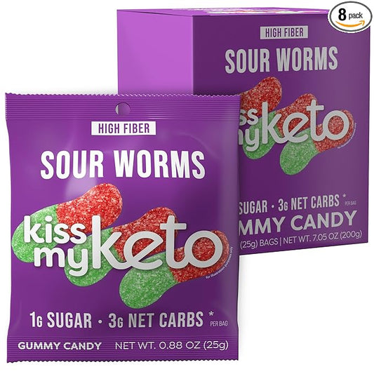 Kiss My Keto Sour Gummy Worms – 1g Sugar, Low Carb, High Fiber, non-GMO Sour Gummies Candy – Healthy Sour Worms Candy, Delicious Sour Gummy Candy Gummy Worm – Gummy Worms Individual Packets (8-pack)