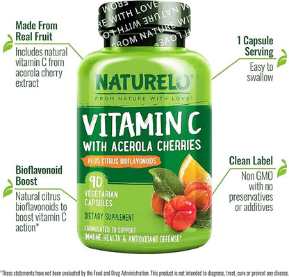 NATURELO Vitamin C with Organic Acerola 500 mg 90 Capsules