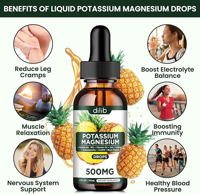 Potassium Magnesium Citrate Supplement, Liquid Magnesium 500mg with D3, B6, B6, B12, B12, CoQ10 CoQ10 - 2 fl