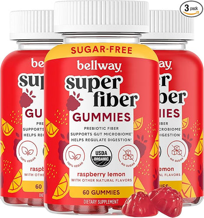 Bellway Super Fiber Gummies for Adults (3 Pack) - Sugar Free Organic Fiber Supplement Gummies with 4g of Fiber per Serving - Prebiotic Chicory Root Fiber for Gut Health, Raspberry Lemon, 180 Count