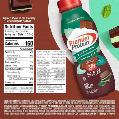 Premier Protein Shake, Winter Mint Chocolate, 30g Protein 1g Sugar 24 Vitamins 11.50 fl 12)