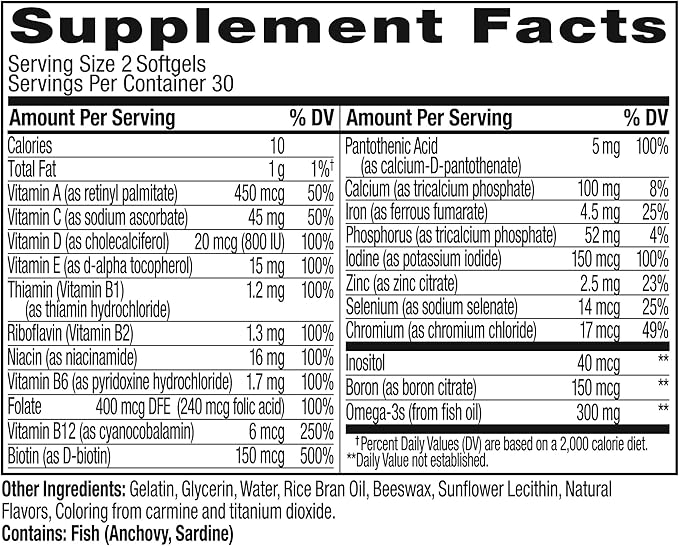 OLLY Ultra Women's Multi Softgels, Overall Omega-3s, Iron, B12, Daily 30 Day 60 Count