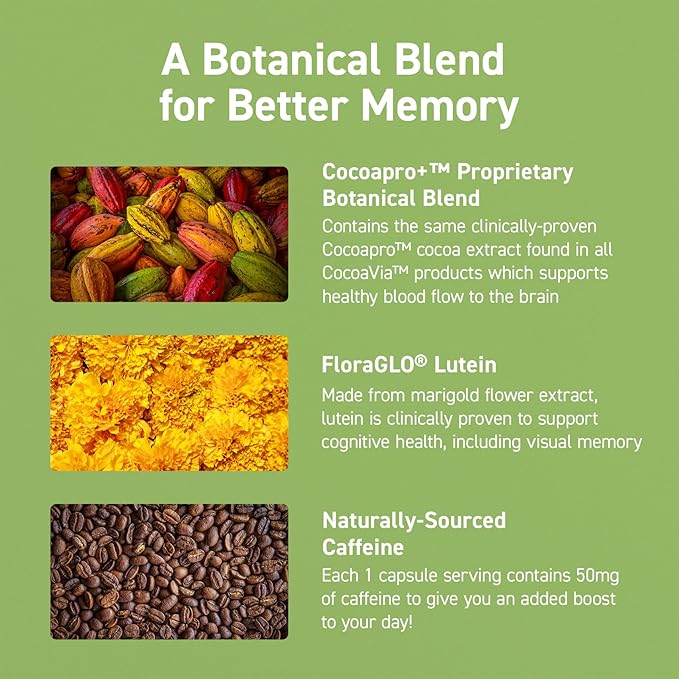 CocoaVia Memory & Focus Brain Supplement, 90 Day, Cocoa Flavanol Blend, Lutein, Added Caffeine for Boost. Improve Cognitive Function, Attention, Vegan & Plant Based, 90 Capsules