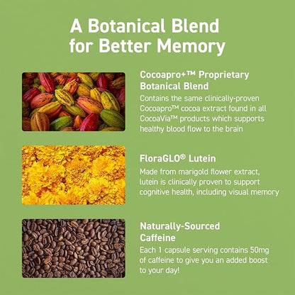 CocoaVia Memory & Focus Brain Supplement, 90 Day, Cocoa Flavanol Blend, Lutein, Added Caffeine for Boost. Improve Cognitive Function, Attention, Vegan & Plant Based, 90 Capsules