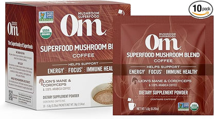 OM MUSHROOM SUPERFOOD Coffee Blend Mushroom Powder, Single Serve, 10 Count, Organic Arabica Beans, Lion's Mane, Cordyceps, Turkey Tail, Reishi Extract, Ginkgo Biloba, Supports Energy and Focus