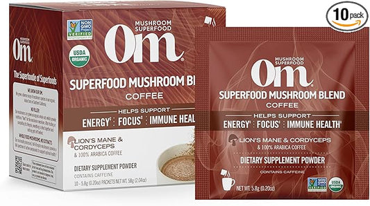 OM MUSHROOM SUPERFOOD Coffee Blend Mushroom Powder, Single Serve, 10 Count, Organic Arabica Beans, Lion's Mane, Cordyceps, Turkey Tail, Reishi Extract, Ginkgo Biloba, Supports Energy and Focus