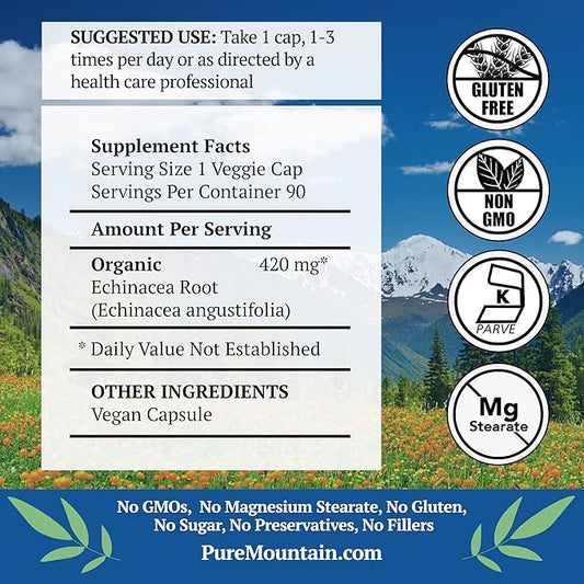 Pure Mountain Botanicals Echinacea Capsules Supplement 420mg Organic