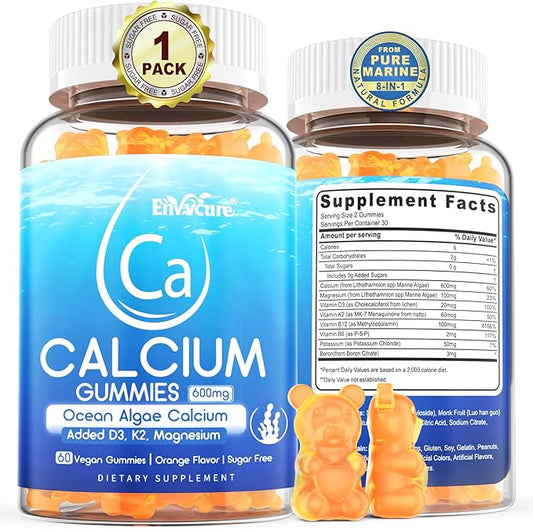 Calcium Gummies 600mg - Calcium Supplement for Women, Ocean Algae Calcium | Vitamin D3, K2, Magnesium | for Bone Strength, Muscle & Immnue | Sustainably Sourced Algae Calcium, 70+ Mineral, 1PACK