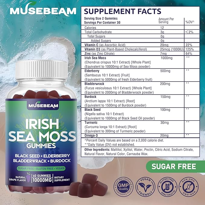 Irish Sea Moss Gummies 10000mg - with Black Seed Elderberry Bladderwrack Burdock Turmeric Omega-3 Vitamins C D3 Zinc - Seamoss Supplements for Adults Women Men - Sugar-Free Gluten Free Vegan