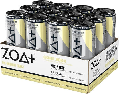 ZOA+ Pre-Workout Energy Drink Supplement - NSF Certified for Sport with Zero Sugar, Nitric Oxide Support, B & D Vitamins, Amino Acids, and Electrolytes (Coconut Lemonade)