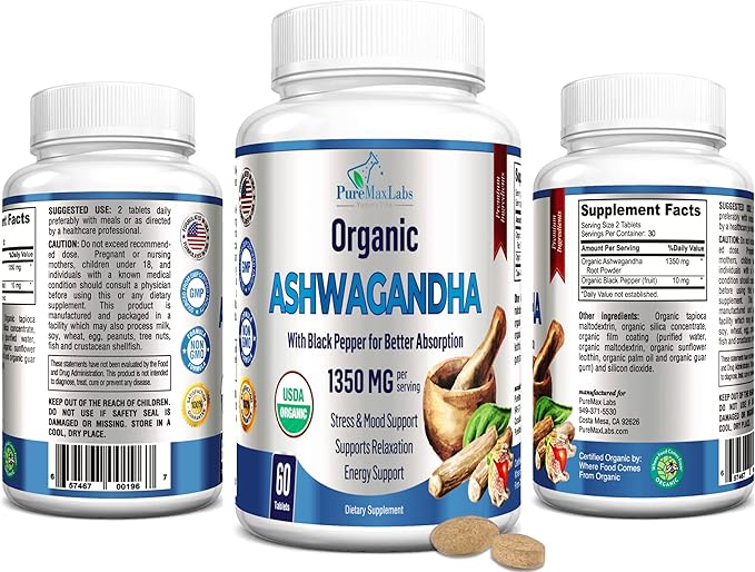 USDA Organic Ashwagandha 1350mg with 60 Tablets