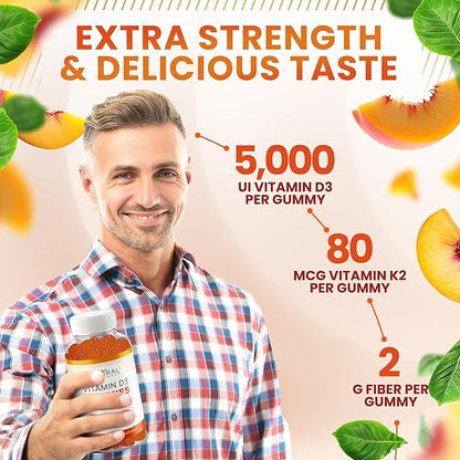 Sugar Free Vitamin D3 K2 Gummies - Vitamin D3 Gummies 5000 IU+K2 MK7 80 mcg, K2 D3 Vitamin Supplement Adults, Vitamin D K2 for Bones, Immune, Heart, Mood, Gluten-Free, Non-GMO, Natural Peach Flavor
