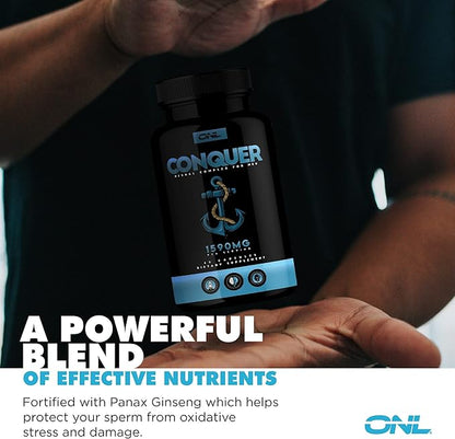 Conquer Mens Fertility Supplement - Testosterone Booster for Men w/ Maca Root, Horny Goat Weed & Tribulus Terrestris - Male Fertility Supplement - Libido Booster for Men - Male Enhancement Pills -60Ct