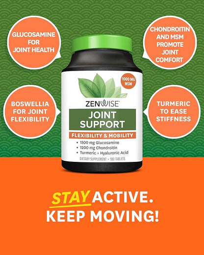 Zenwise Glucosamine Chondroitin Sulfate MSM Curcumin - Joint Support Supplement with Hyaluronic Acid for Extra Strength Relief - Natural Health & Mobility Support for Pain, Aches & Soreness (180 Count)