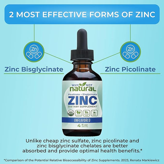 Organic Liquid Zinc Drops Supplement with Zinc Picolinate and Bisglycinate 4 fl, USDA Organic, Gluten-Free, Vegan and GMO-Free (Unflavored)