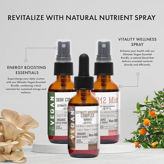 Ultimate Vegan Essential Bundle Liquid Spray- B12 Methylcobalamin, 2 Fl 360 Days