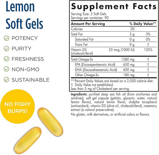 Nordic Naturals ProOmega-D, Lemon Flavor 180 Soft 1280 mg Omega-3 + 1000 IU D3 - 90 Servings