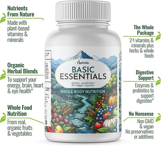OPTIVIDA- Whole Food Multivitamin & Minerals All Natural Fruits & Vegetables | Probiotics, Prebiotics, and Postbiotics | Immune, Gut, Mind, Energy & More (60 Capsules)