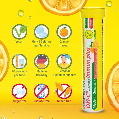T&D Oxi C 1000 mg Vitamin C - 40 Vegan Drink Effervescent Tablets - Orange Flavor - Made in Germany