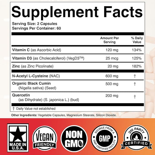 NAC 600mg Black Seed 500mg Zinc D3 Respiratory 1 Bottle 120-Caps)