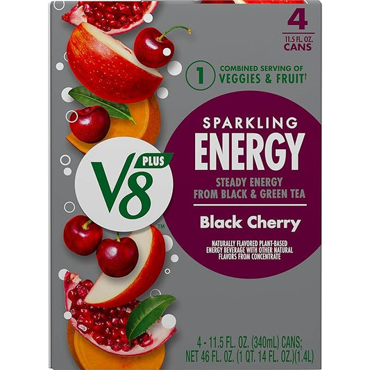 V8 +SPARKLING ENERGY Black Cherry Energy Drink, Made with Real Vegetable and Fruit Juices, 11.5 FL OZ Can 4 Count (Pack of 6)