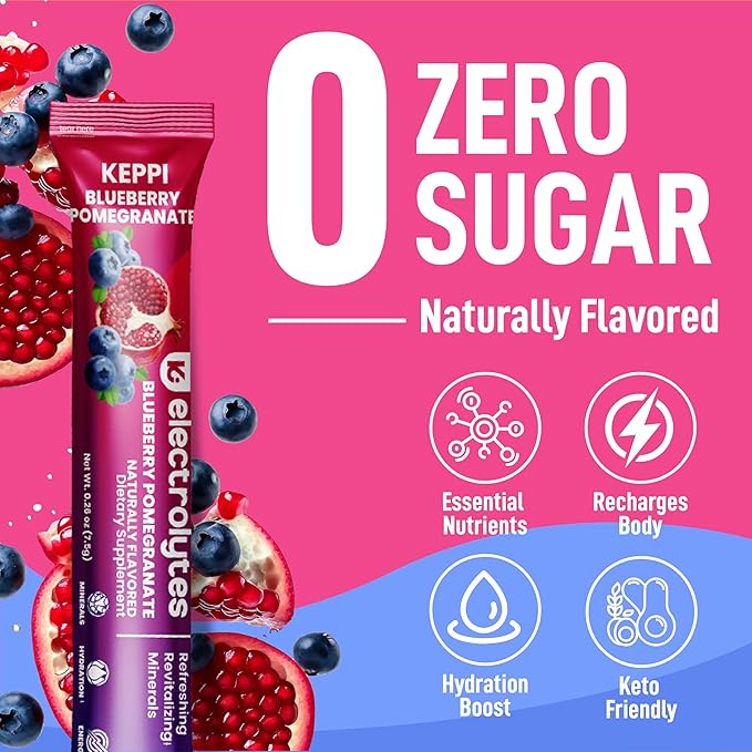 Keppi Blueberry Pomegranate Electrolytes Powder Packets – 30 Sugar Free Hydration Packets, Keto-Friendly Hydration Packets Perfect for Travel, Gym, and Everyday Refreshment