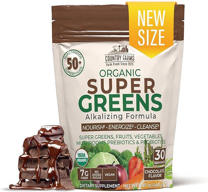 Country Farms Super Greens Chocolate Flavor, 50 Organic 30 Servings