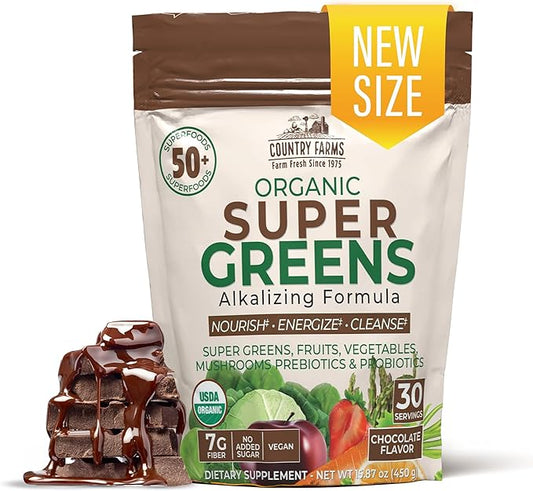 Country Farms Super Greens Chocolate Flavor, 50 Organic 30 Servings