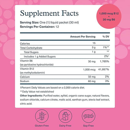 Youtheory Vitamin B12 B6, Daily Energy and Brain Support Supplement, Liquid Raspberry Flavor, 12 – 1oz Single Serving Packets