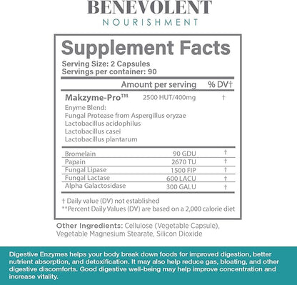 High Fiber Digestive Enzymes Supplement 180 Capsules, 2500HUT Makzyme-Pro