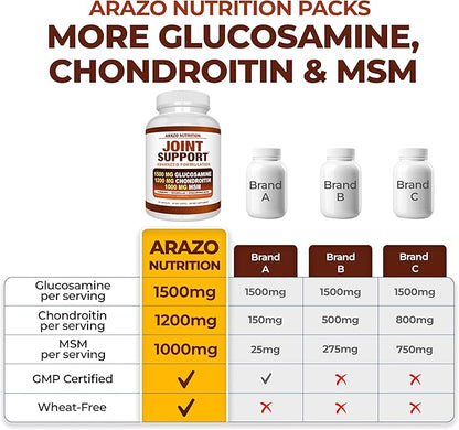 Arazo Nutrition Glucosamine Chondroitin Turmeric Msm Boswellia - Joint Support Supplement for Relief 120 Capsules for Bones, Back, Knees, Hands (120 Capsules)