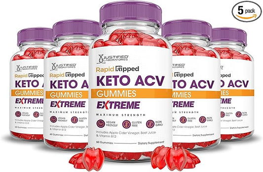 Justified Laboratories (5 Pack Rapid Ripped Keto ACV Gummies Extreme 2000MG Rapidripped Keto Gummies Apple Cider Vinegar Formulated with Pomegranate Beet Juice Powder B12 Vegan Non GMO 300 Gummys