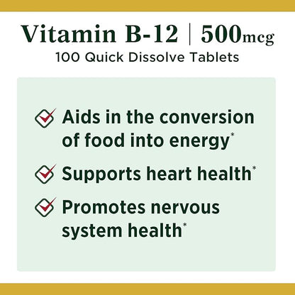 Nature's Bounty Vitamin B12, Supports Energy 500mcg, 100 100 Quick