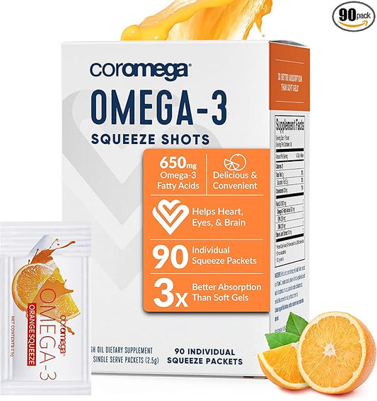Coromega Omega 3 Fish Oil Supplement, 650mg of Omega-3s with 3X Better 90 Single