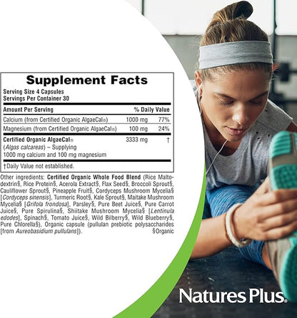 NaturesPlus Source of Life Garden Certified Organic Calcium with AlgaeCal - 1000 mg, 120 Vegan Capsules - Plant-Based Bone Health Support Supplement - Vegetarian, Gluten-Free - 30 Servings