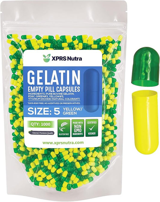 XPRS Nutra Size 5 Empty Capsules - 1000 Count Very Small Empty Gelatin Capsules - Empty Pill Capsules for DIY Capsule Filling - Fillable Pill Capsules Empty Gel Caps (Green/Yellow)