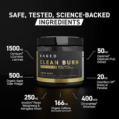 Kaged Thermogenic Powder Clean Burn Elite | Strawberry Lemonade | Men & Women | Weight Management Supplement | Organic Caffeine & Apple Cider Vinegar | 30 Servings