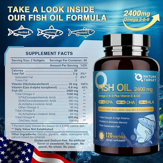 Triple Omega 3 6 9, Fish 2400mg Softgels D3 &