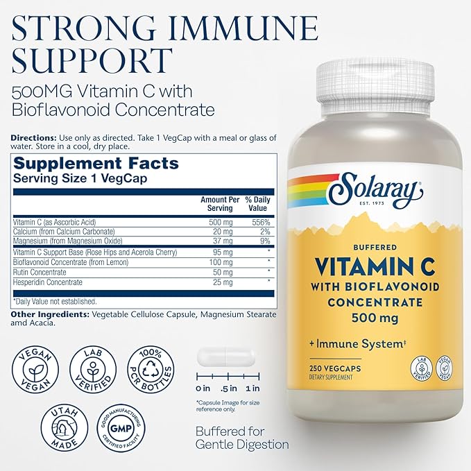 SOLARAY Buffered Vitamin C 500mg 60-Day Guarantee 250 Servings, 250 VegCaps