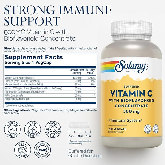 SOLARAY Buffered Vitamin C 500mg 60-Day Guarantee 250 Servings, 250 VegCaps