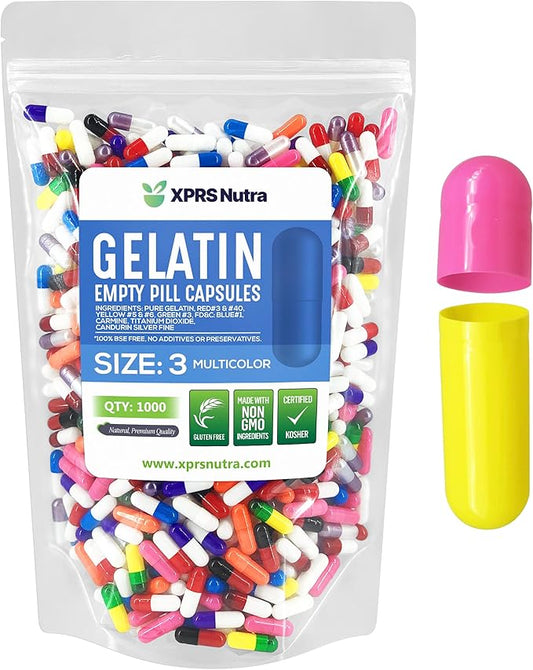 XPRS Nutra Size 3 Empty Capsules - 1000 Count Empty Gelatin Capsules - Empty Pill Capsules - DIY Capsule Filling - Pure Bovine Pill Capsules Empty Gel Caps (Multi Color)
