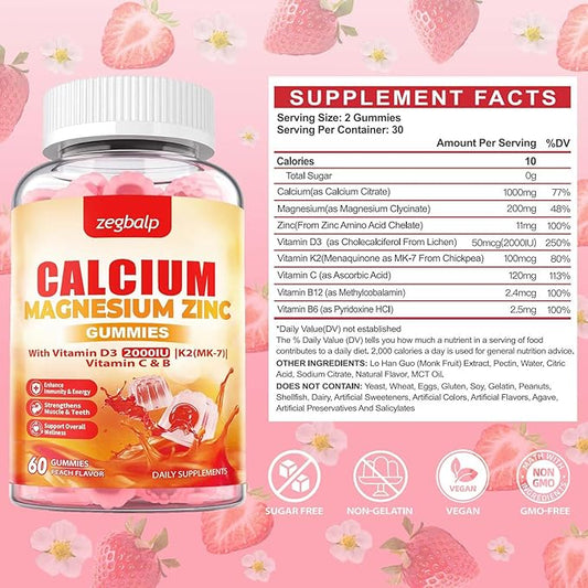 Calcium Magnesium Zinc Gummies with Vitamin D3 & K2 High