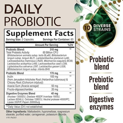 Daily Probiotic and Acidophilus Prebiotics Supplement 60 Billion CFU Capsule for Women & Men - 10 Strains Plus Digestive Enzymes - for Bloating Gas & Gut & Immune Health Support - 120 Capsules