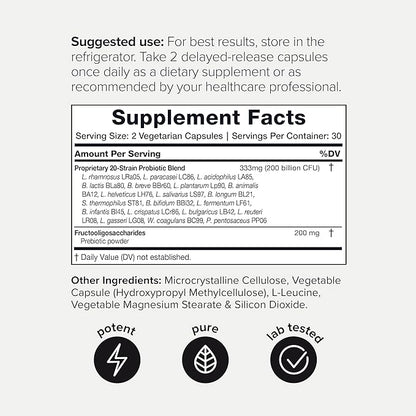 Probiotics for Men - Ultra High Potency, 200 Billion CFU, 20 Strains, Prebiotics for Digestive and Immune Support - Advanced Formula, Third-Party Tested, GMP-Certified
